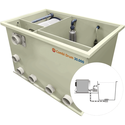 combi DRUM 30000 ( gravitaire) avec pompe de rinçage pour bassin à carpe koi